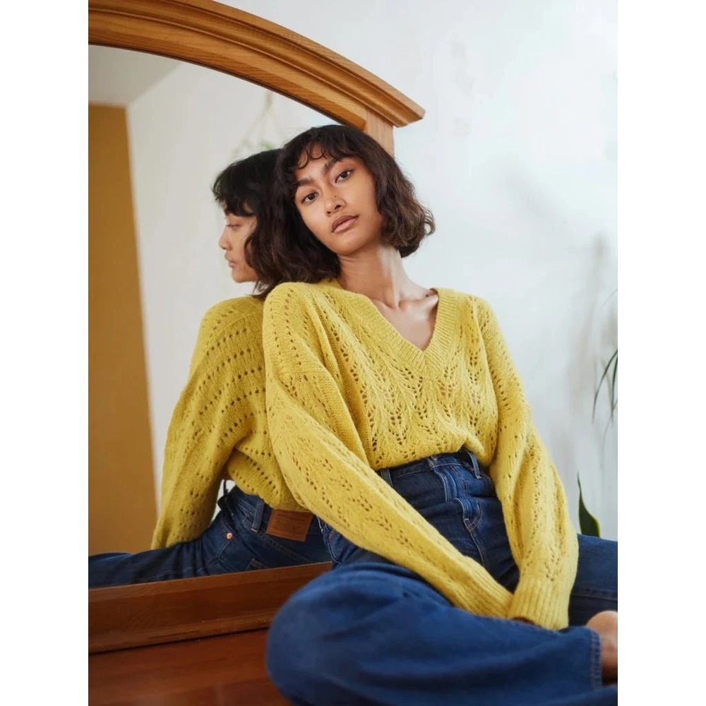Nation LTD Mika Pointelle Slouchy V Sweater Honeycomb Yellow‎ Alpaca Wool Medium